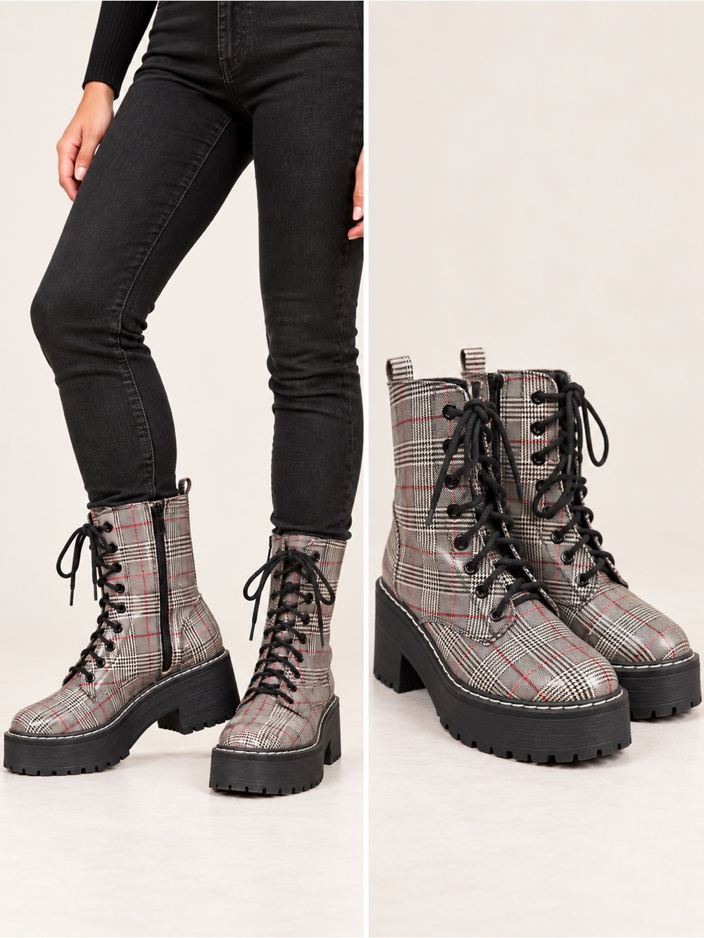SODA Plaid Lace-Up Combat Boots in Gray